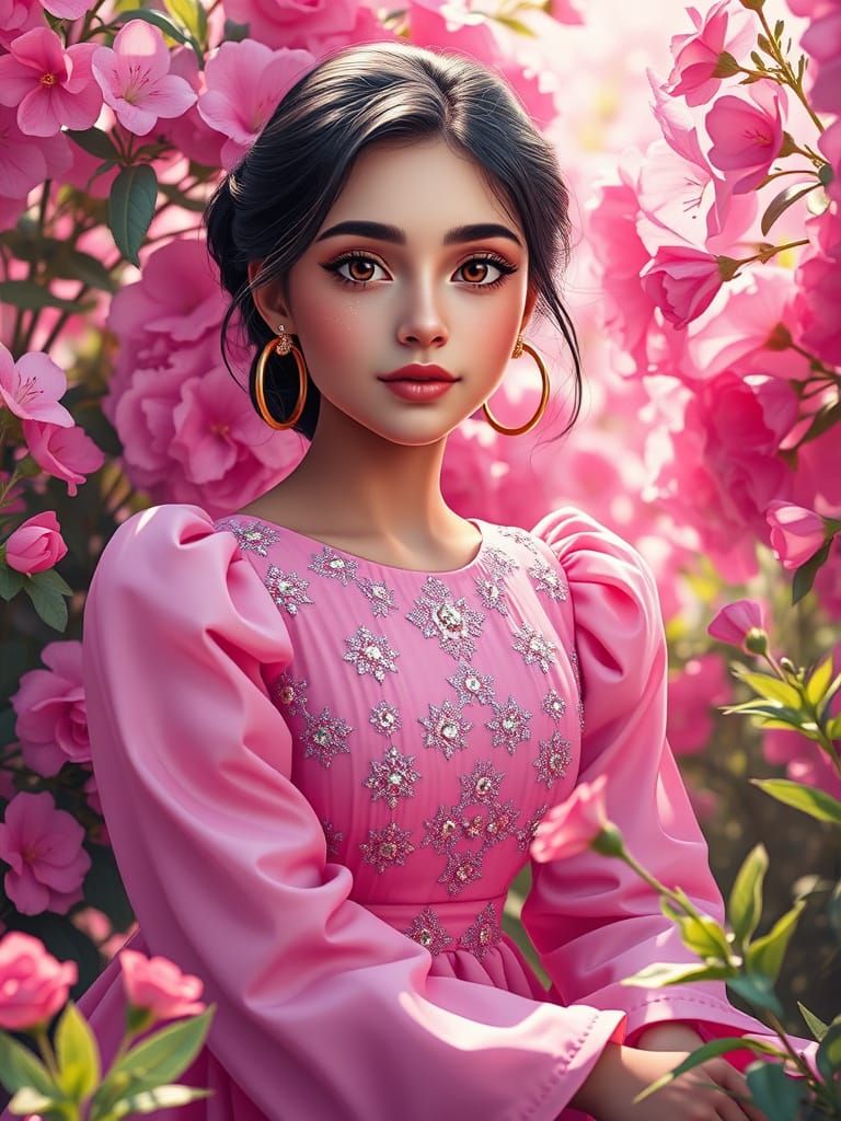 Iranian Girl in Pink Diamond Dress, Oil Painting Style