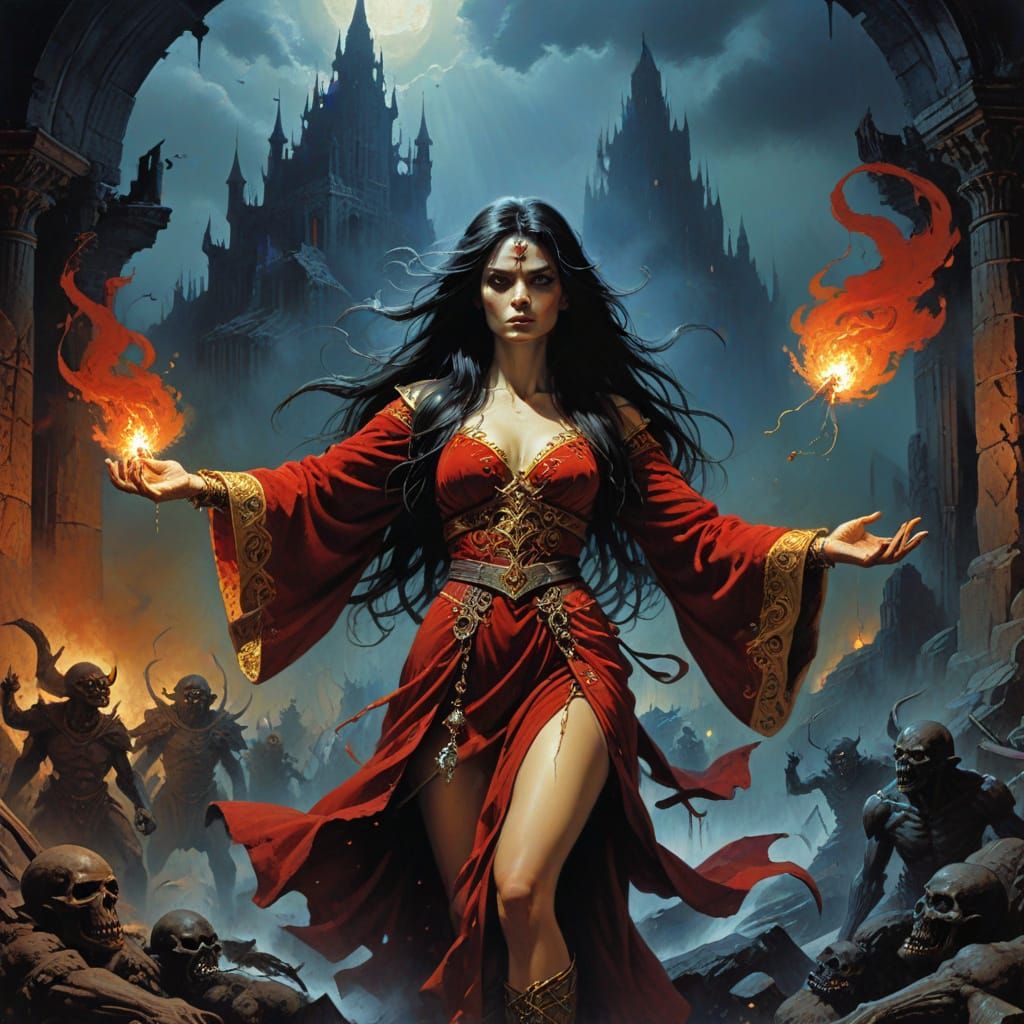 Red Sorceress Unleashes Fiery Fury Upon Dark Realm