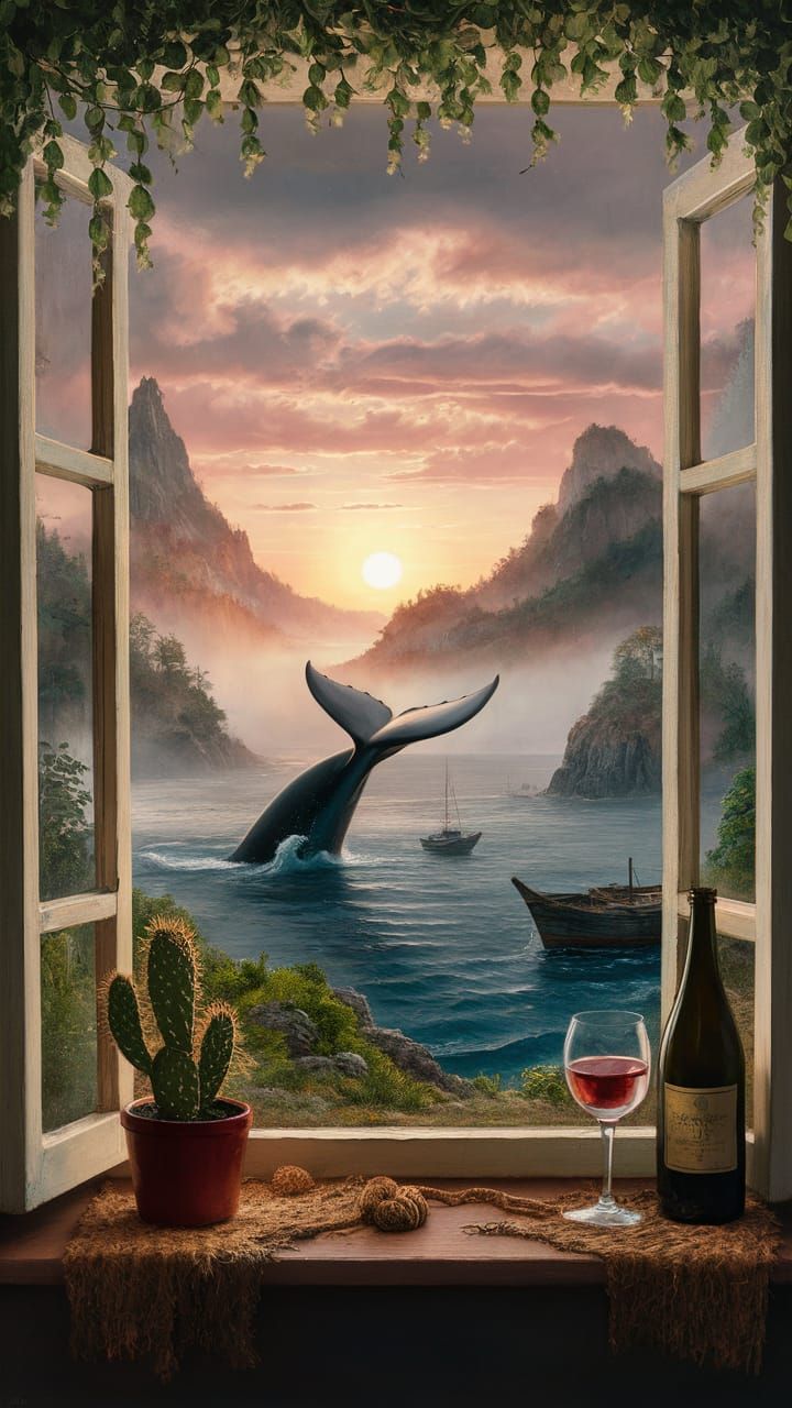 Surreal Sunset Scene from an Open Window with Whimsical Touc...