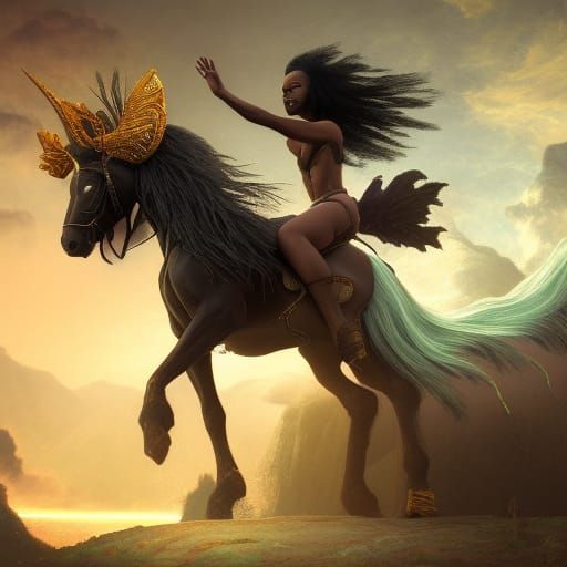 Beautiful black woman riding a winged horse over the full moon