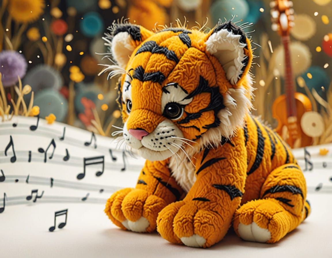 Surreal Musical Landscape with a Cute Tiger Cub Toy in an Or...