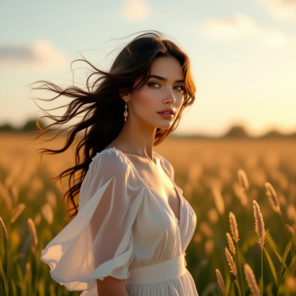 Surreal Figure in Field with Flowing Wind and Particles