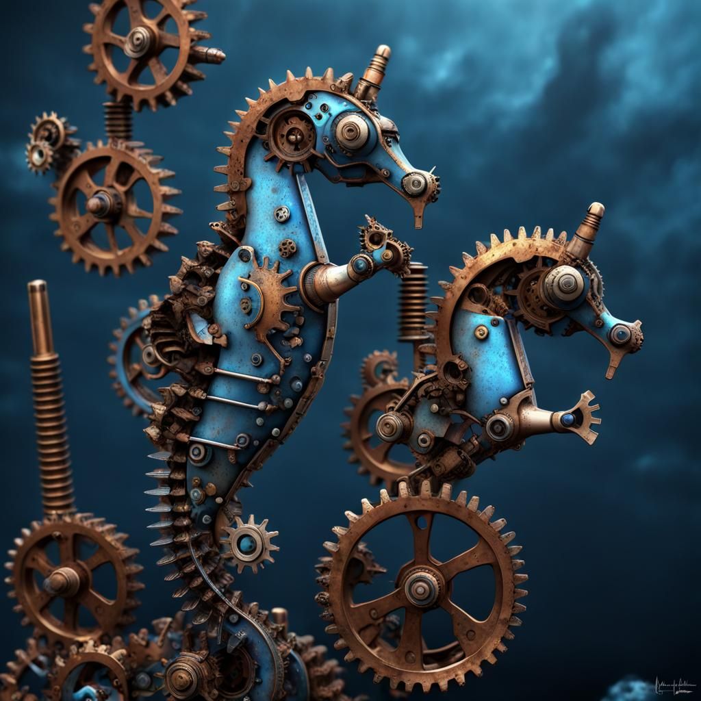 Steampunk Mechanical Seahorses Fly Over a Gear World