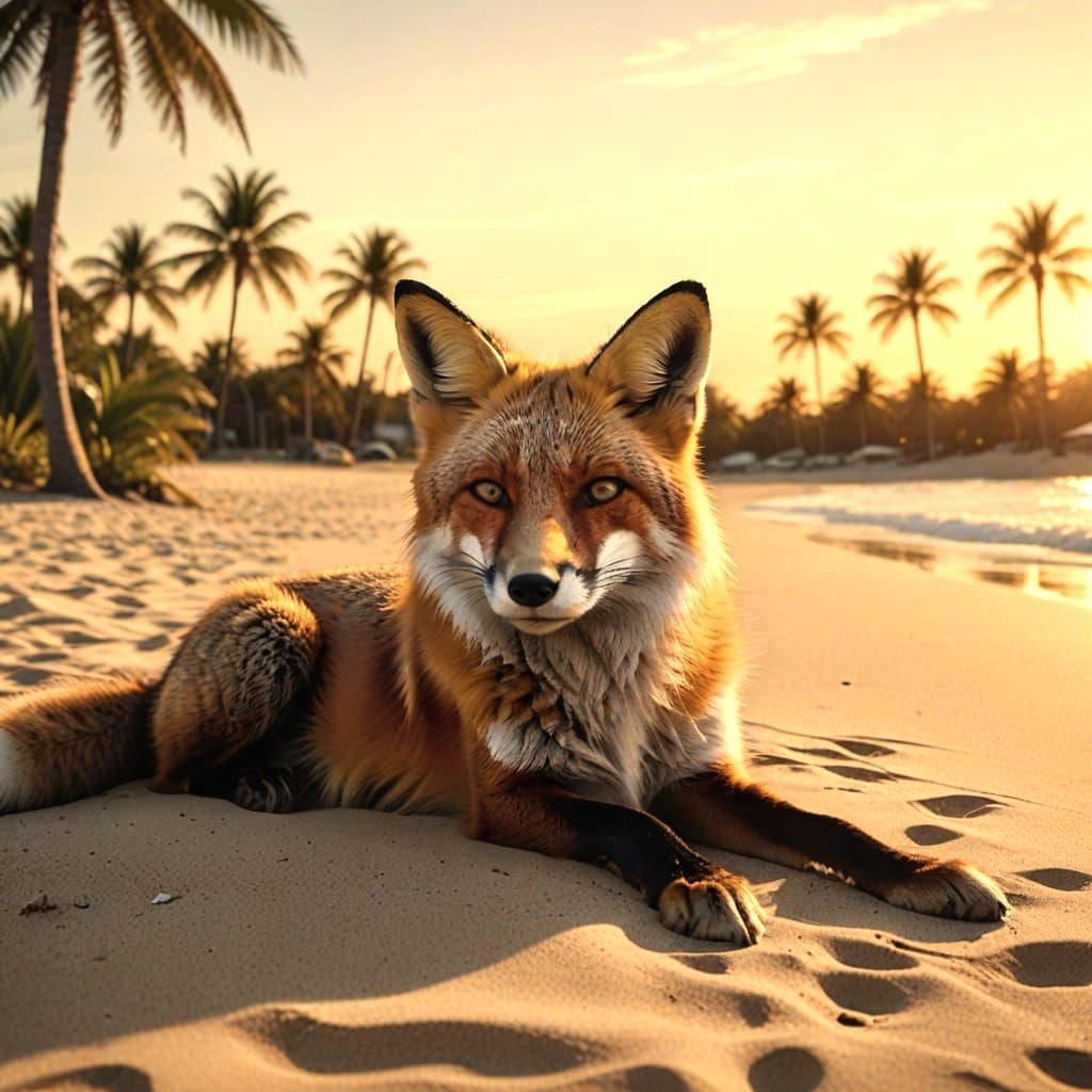 Fox Lounging on Caribbean Beach in Hyperrealistic Style