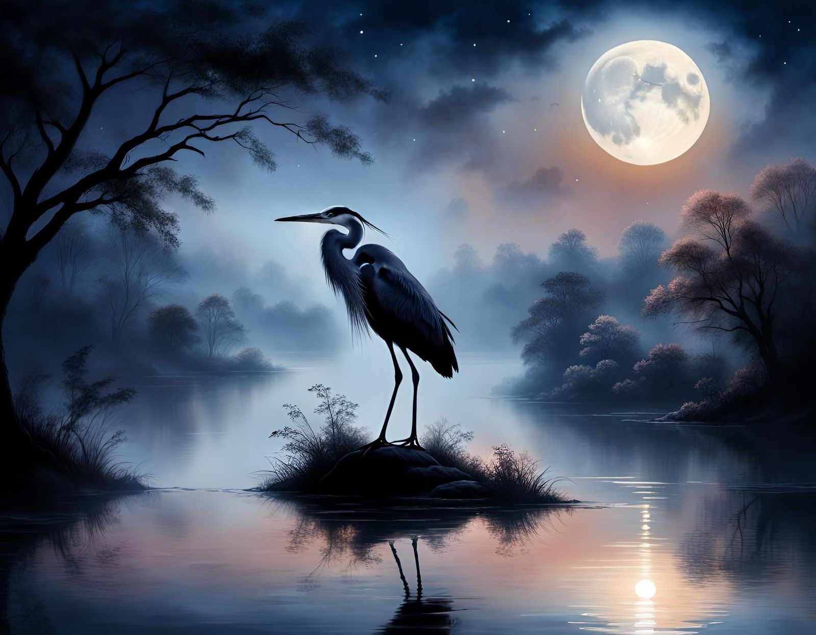 Heron Silhouette Over Moon: Hyperrealistic Night Scene