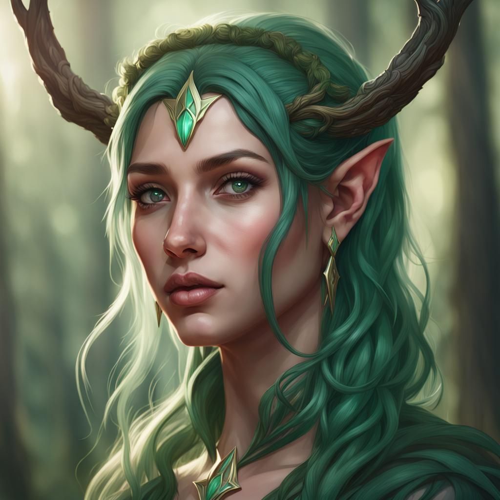 Horned Elf Healer Portrait in Art Nouveau Style
