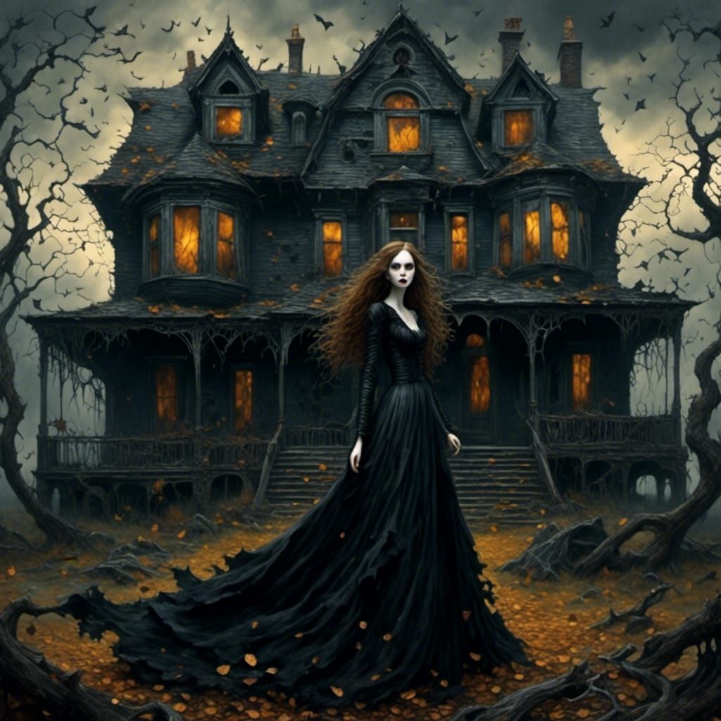 Sinister Witch in Dilapidated House, Dark Academia Style