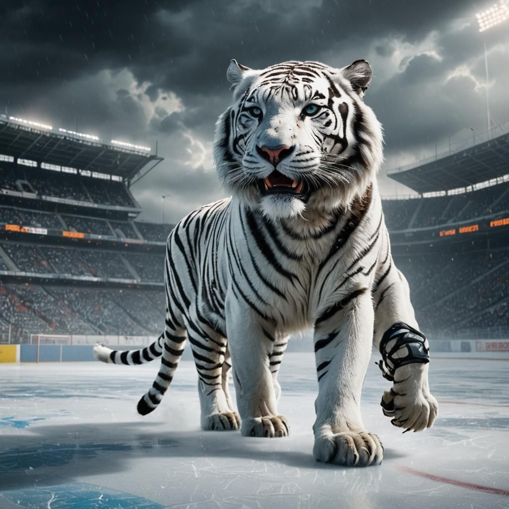 Mystical White Tiger on Hockey Stadium, Digital Matte Painti...