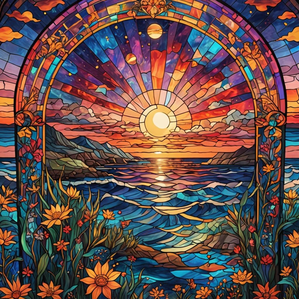 Stained Glass Sunset by the Sea in 8K