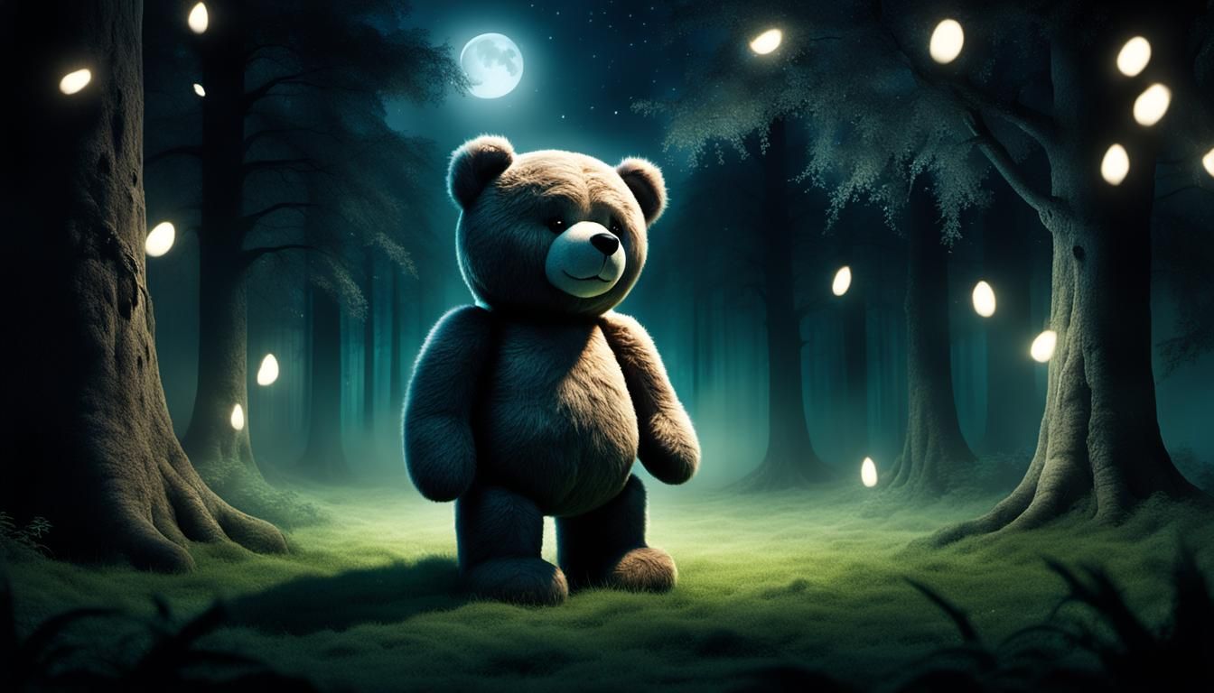Giant Teddy Bear in Enchanted Forest Illustration