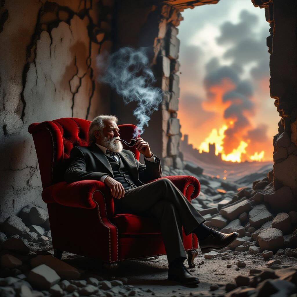 Man in Armchair Amidst Apocalyptic Ruins, Cinematic Style