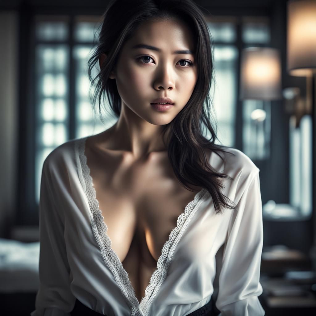 Hyperrealistic Image of Woman in Unbuttoned Blouse