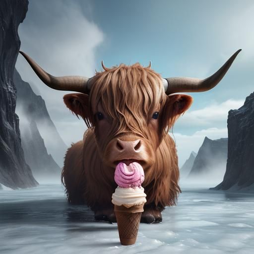 Highland Cow Eats Ice Cream: Detailed Matte Painting