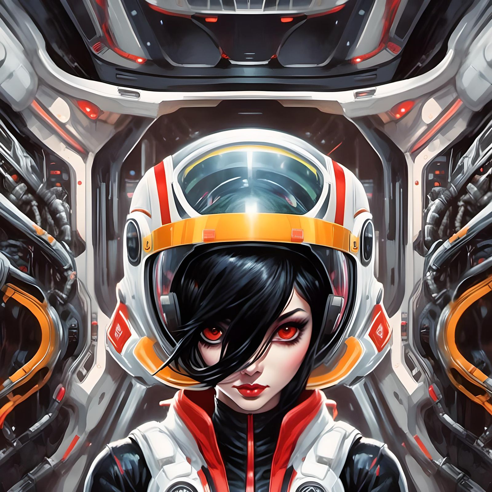 closeup science fiction novella - short black hair - (glowing red eyes)  - space station