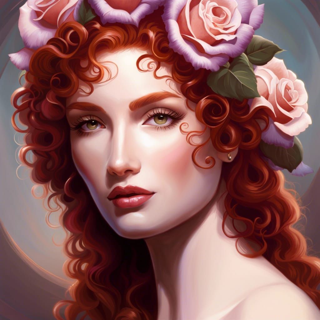 Red-Headed Goddess Portrait with Roses, Hyperrealistic Art
