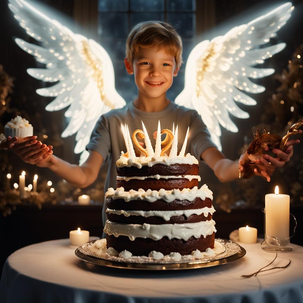 Friendly Angel Offers Horned Cake: Cinematic Film Still