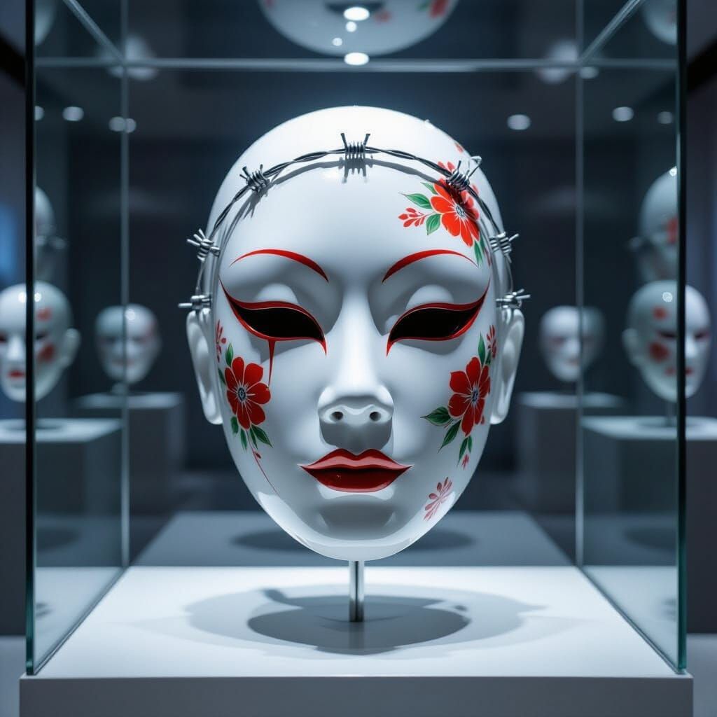 Porcelain Mask with Barbed Wire in Glass Case