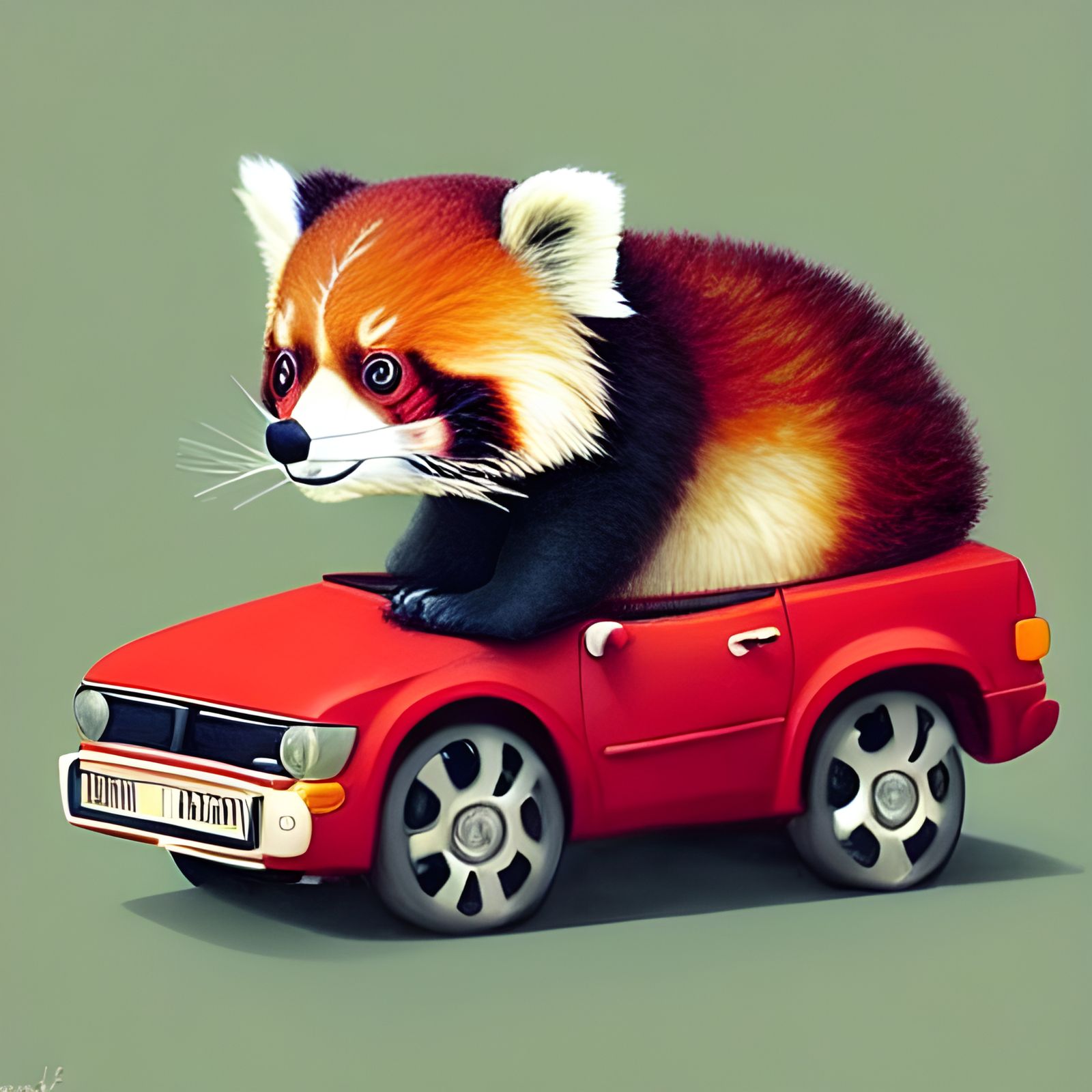 Red Panda Drives a Car: Photorealistic Render