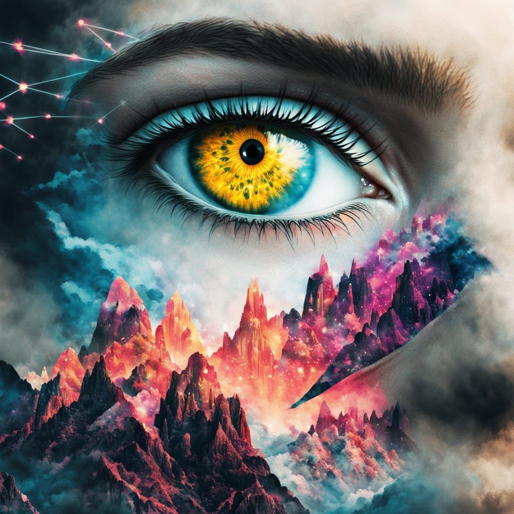 Double Exposure Art with Glowing Eyes in Vibrant Aesthetic