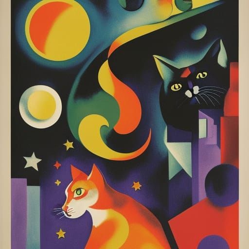 Interstellar Cat Fairytale in Sci-Fi Soviet Poster Style