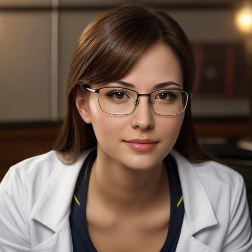 Beautiful risqué flirtatious Female scientist wearing glasses. Realistic and hot. intricately detailed dynamic lighting...