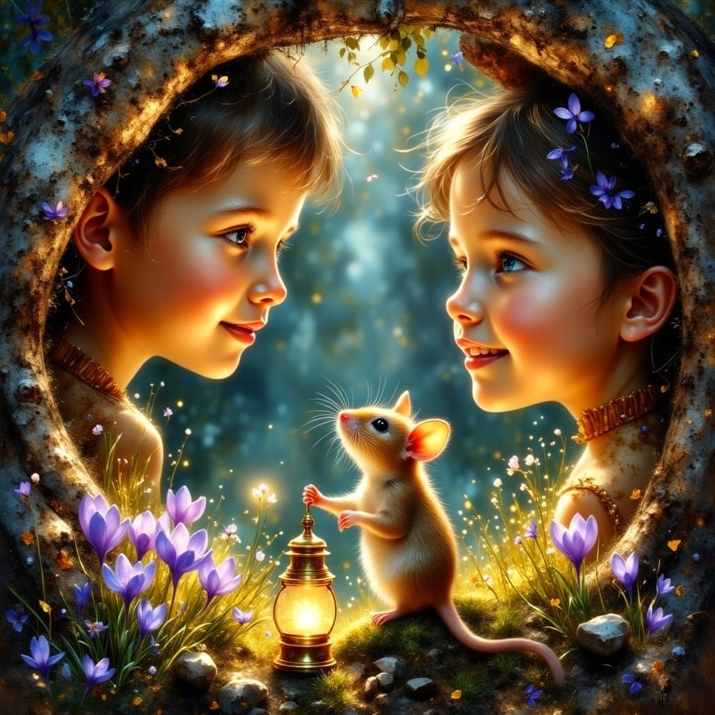 Surreal Oil Painting of Mouse and Children in Magical Landsc...