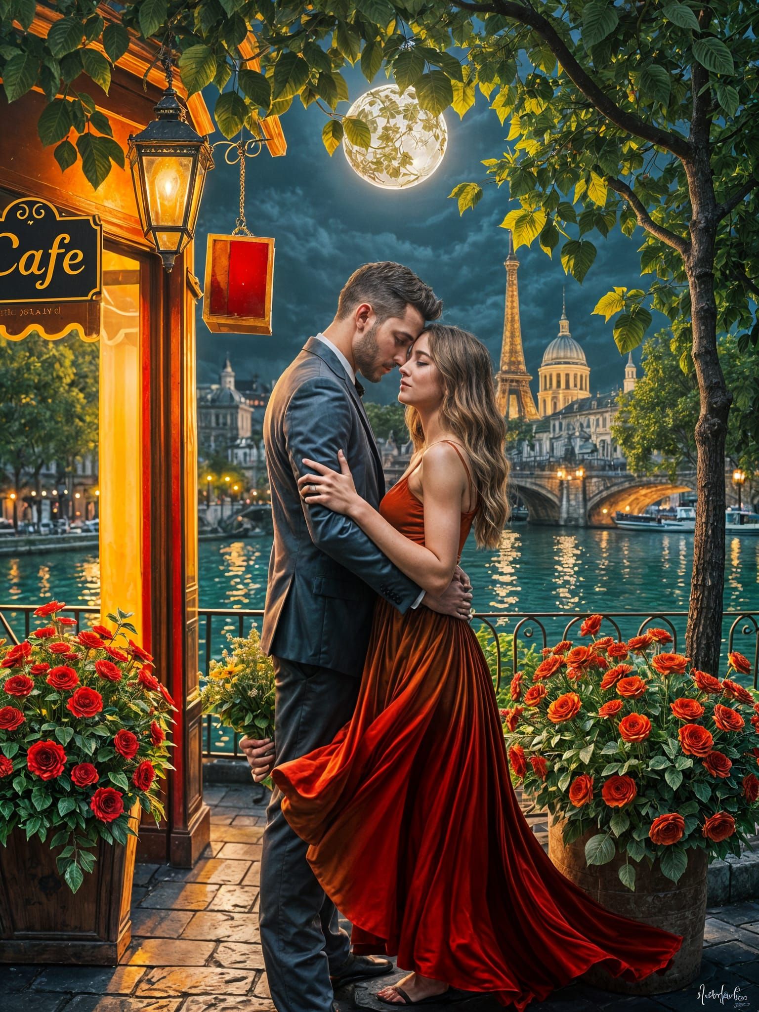 Romantic Parisian Night Scene in Painterly Fantasy Style