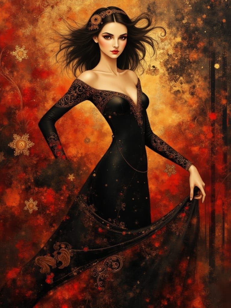 Dramatic Spanish Dancer in Klimt-Inspired Opulence