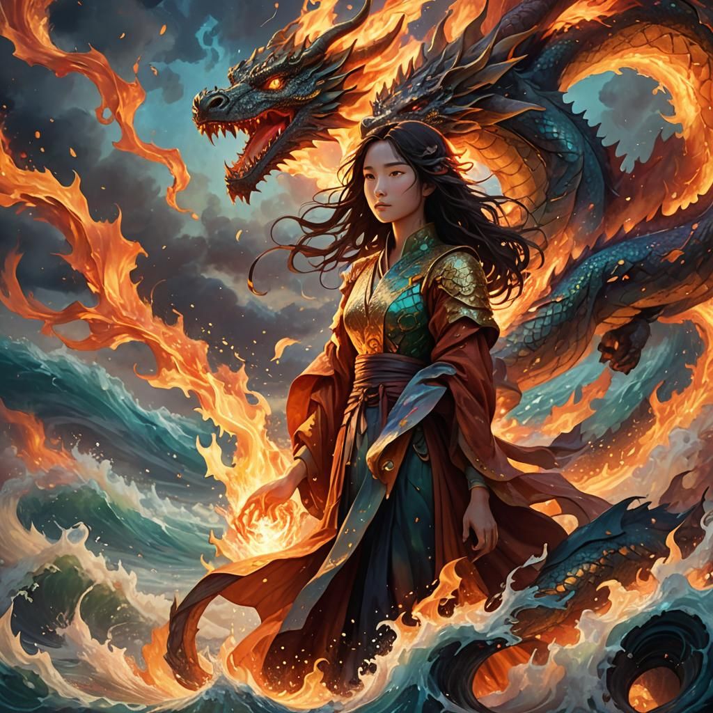 Fantasy Woman with Dragon in Fire and Water