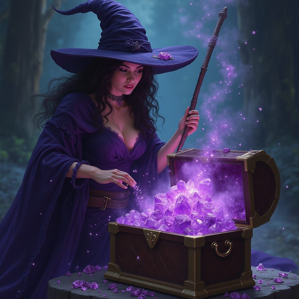 Witch Unveils Amethyst Treasure Chest in Fantasy Art Style