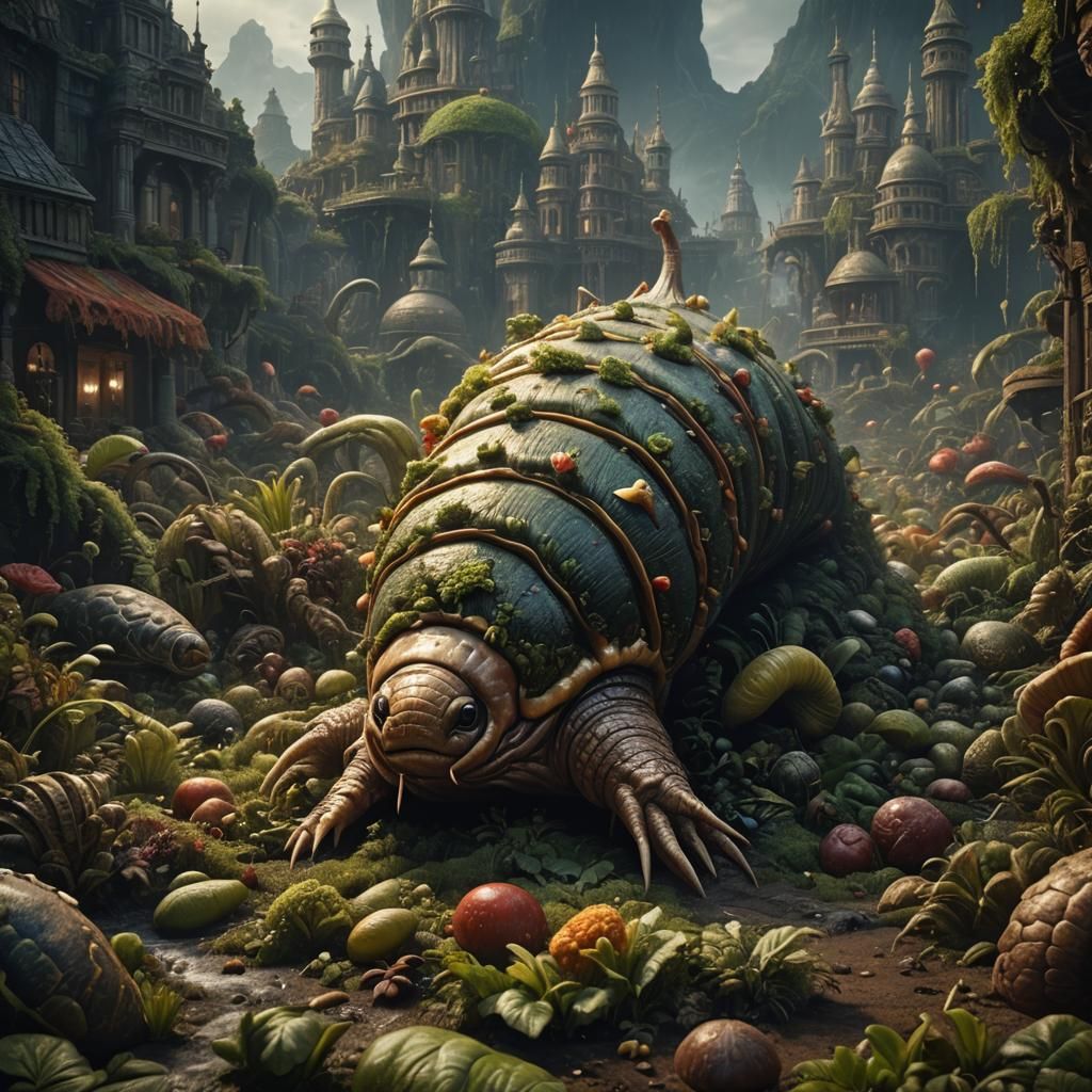 Giant Slug Feasting: Epic Digital Matte Painting