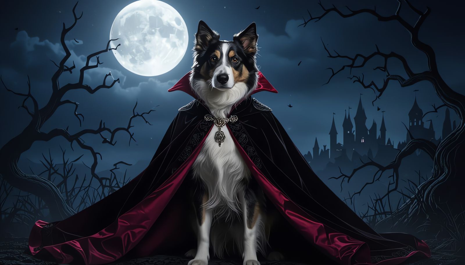 Majestic Vampire Dog Under Full Moon