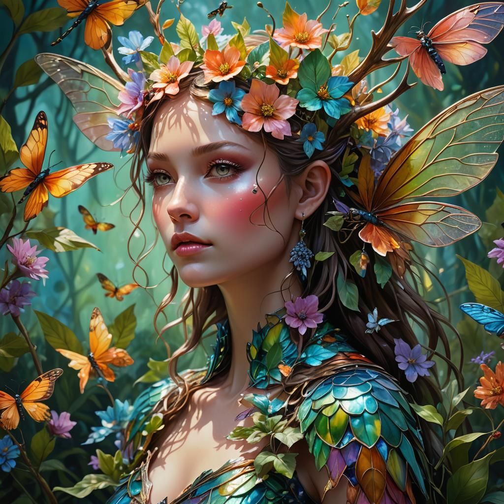 Glass Fairy Woman in Enamel Flower Garden