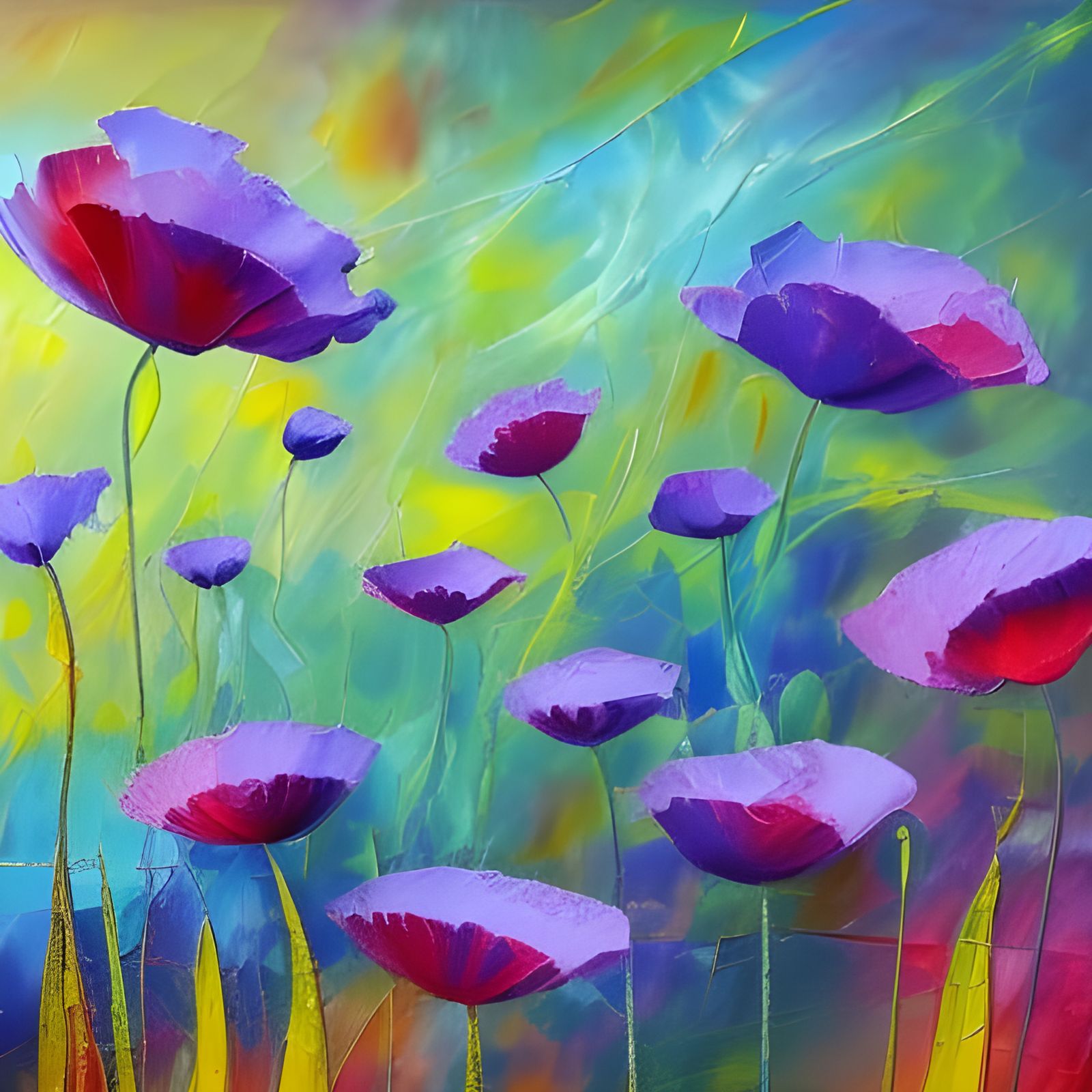 Purple Poppies in Expressionist Oil Painting Style