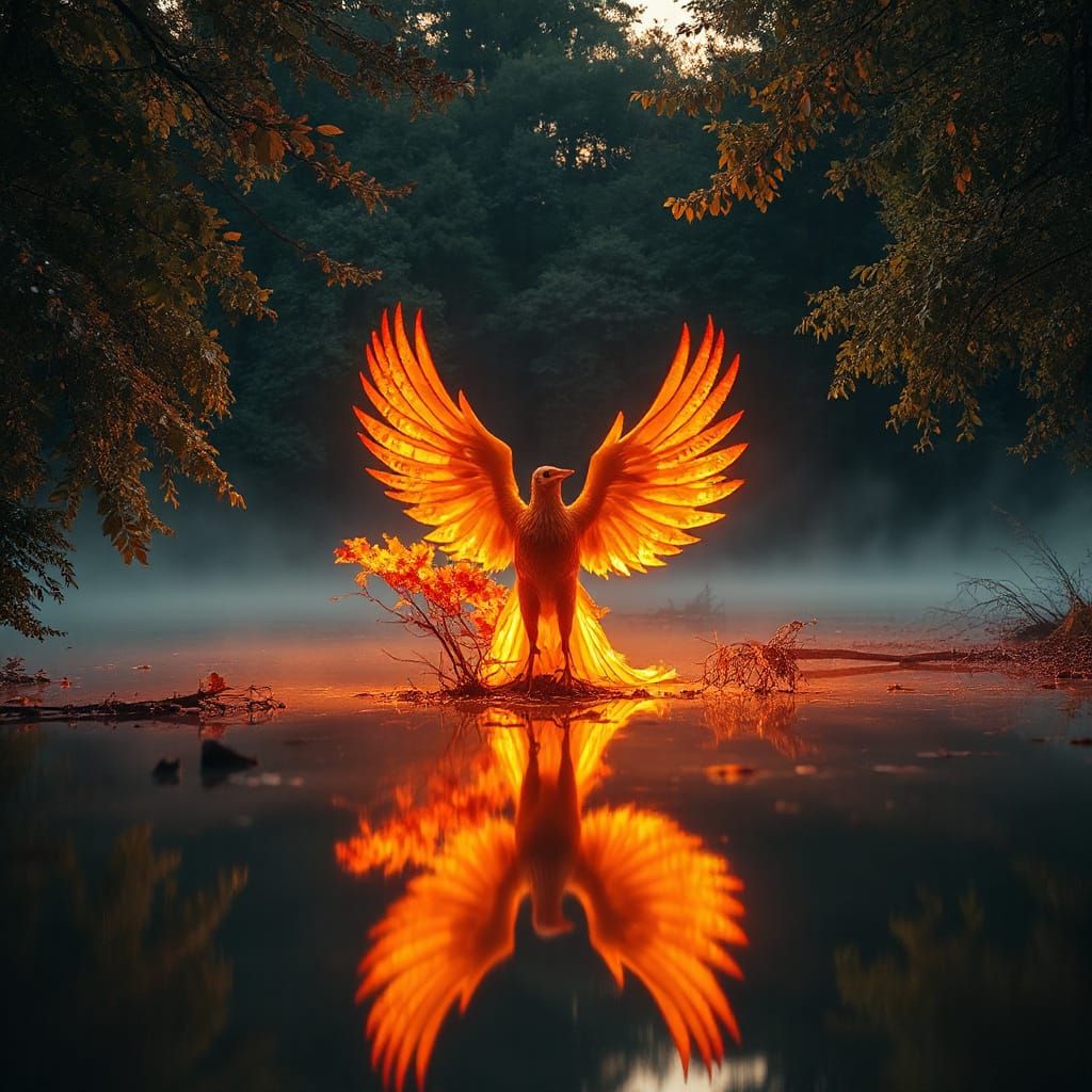 Autumn Phoenix Rises from Forest Lake at Dawn