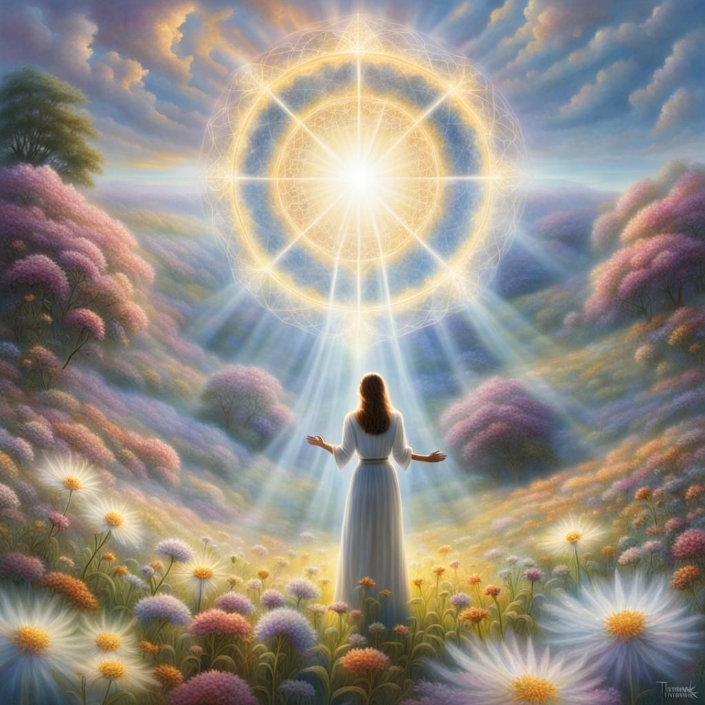 Divine Light Illuminates Woman in Flower Field