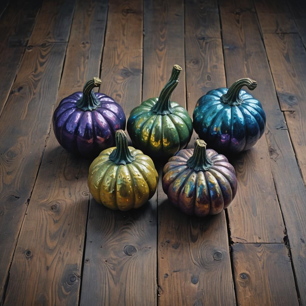 Iridescent Gourds Still Life in Hyperrealism Style