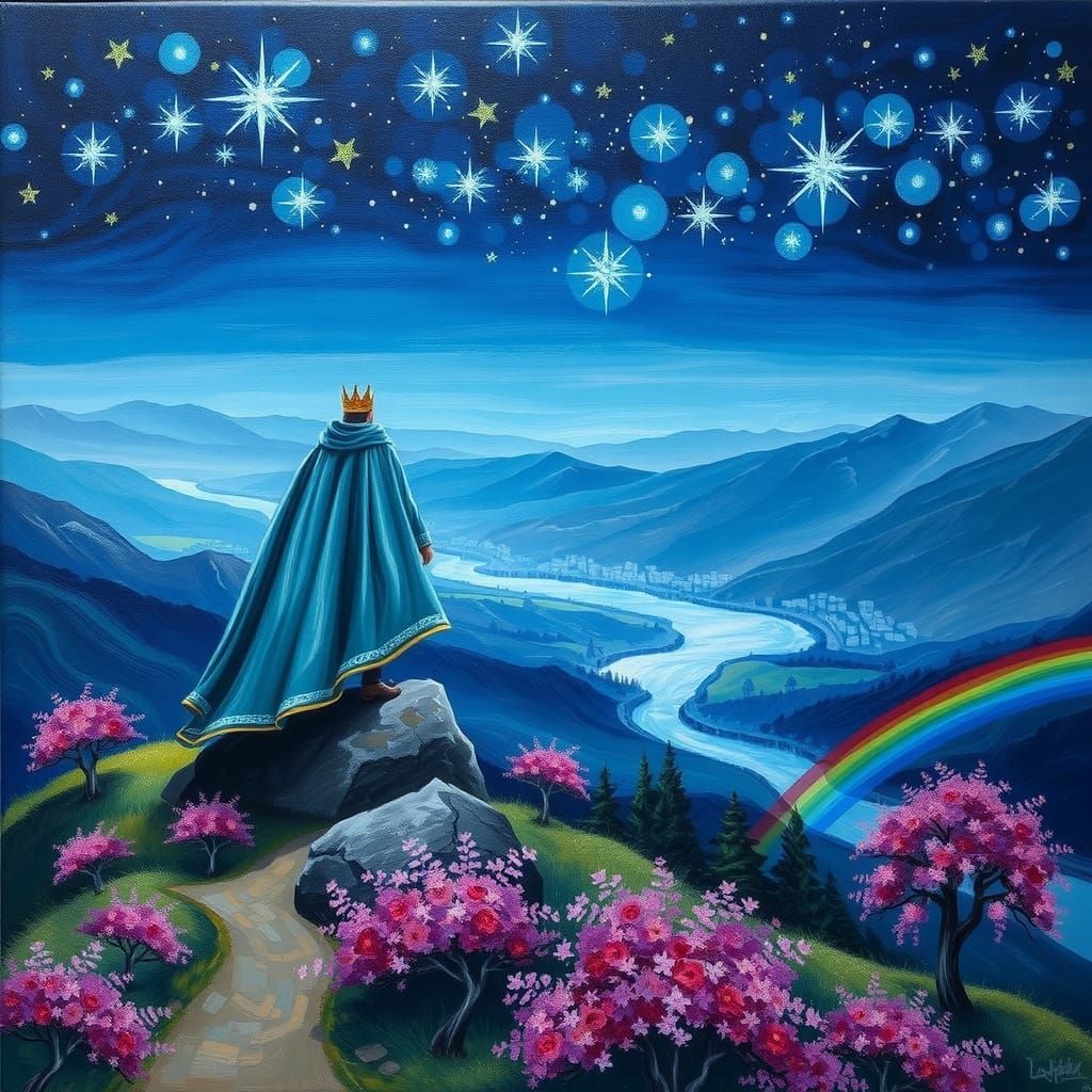 Tartary Monarch Overlooking Serene Landscape in Expressionis...