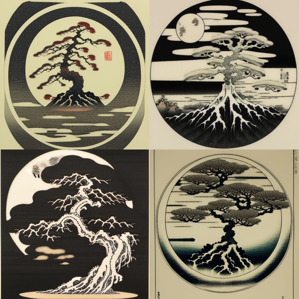 Alchemical Bonsai Tree Merging with Moon, Woodblock Print