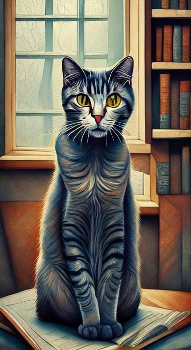 Cozy Vintage Cat in Book Nook: Traditional Aesthetic