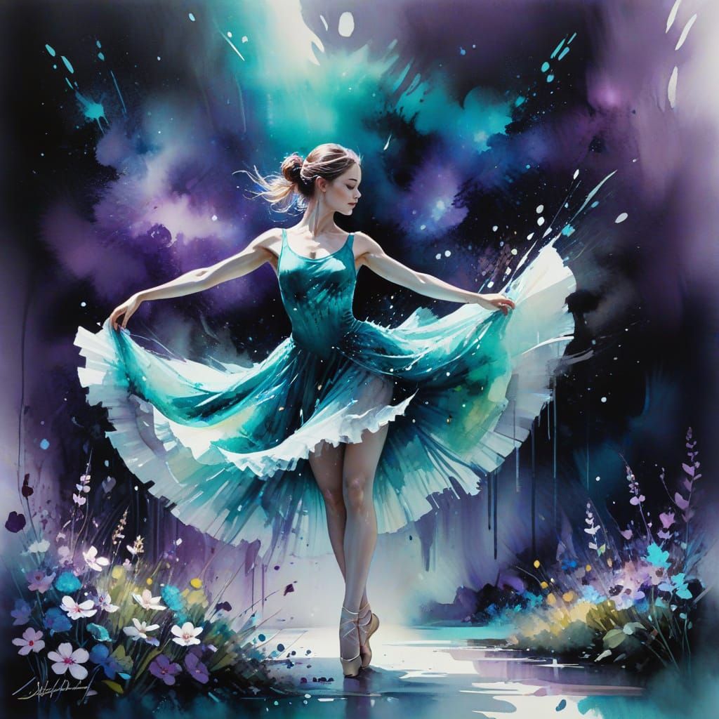 Ballerina Dancing Under Aurora Borealis in Watercolour Style