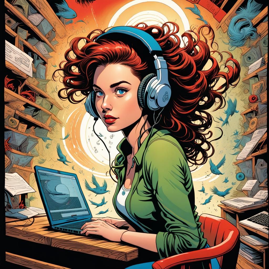 Cartoon Woman at Desk with Laptop in Comic Style