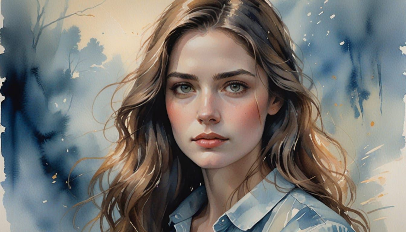 Ethereal Watercolor Portrait of a Young Woman in Soft Focus