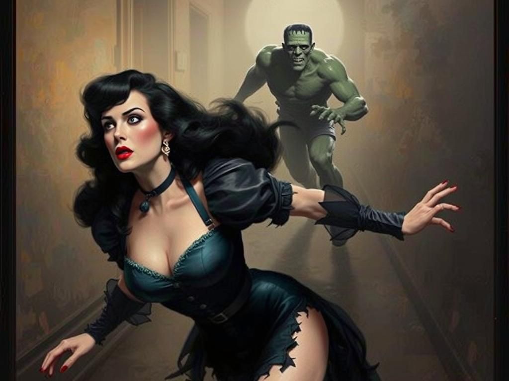 Woman Fleeing Frankenstein in Haunted House
