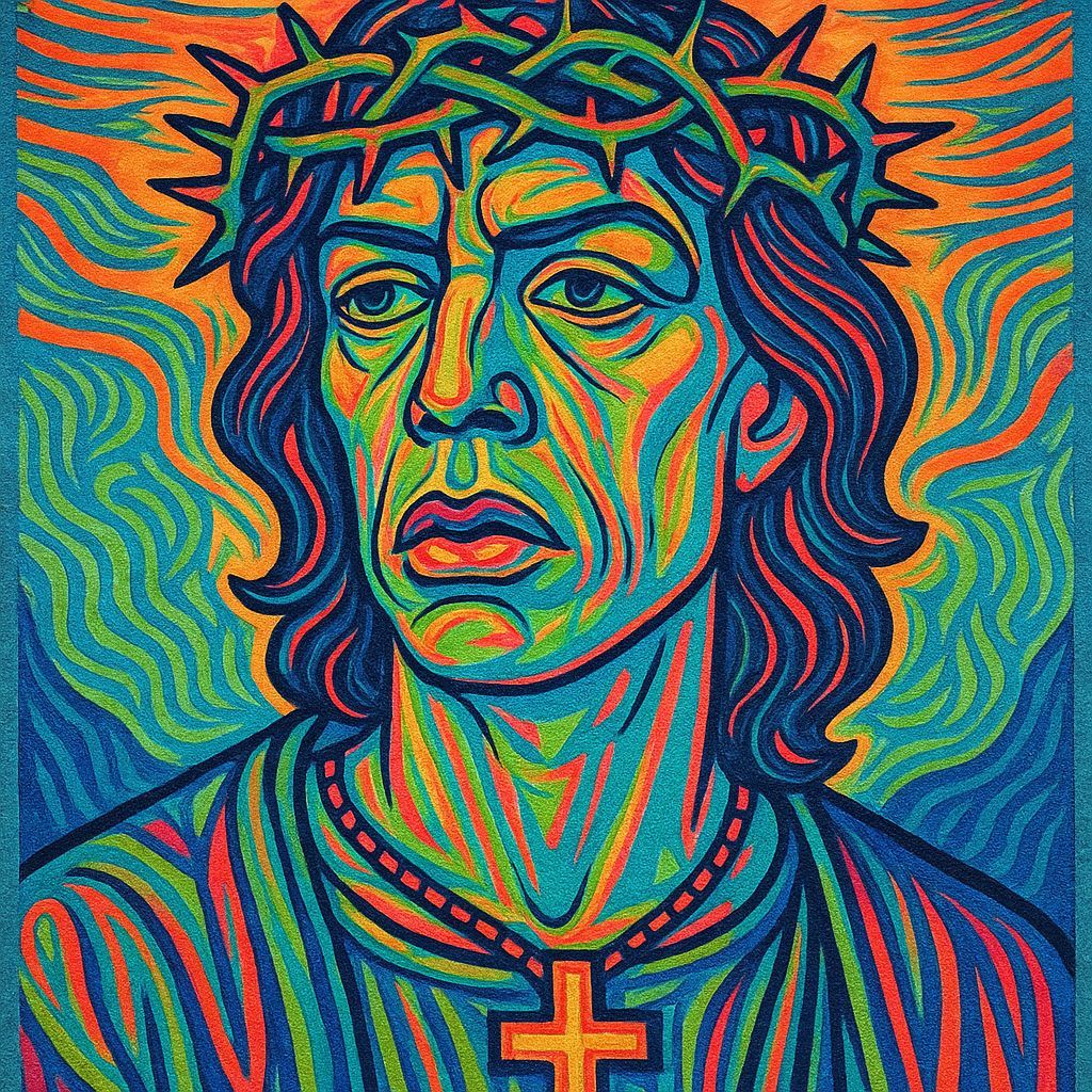 Religious Icon in Neon Pop Moku Hanga Style
