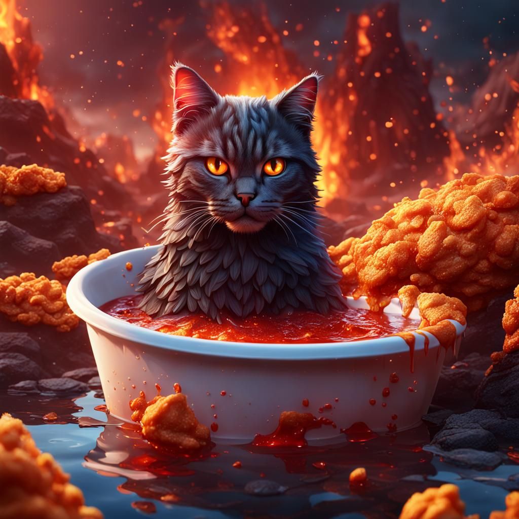 Lava Cat Bathes in Chicken: Fantasy Art