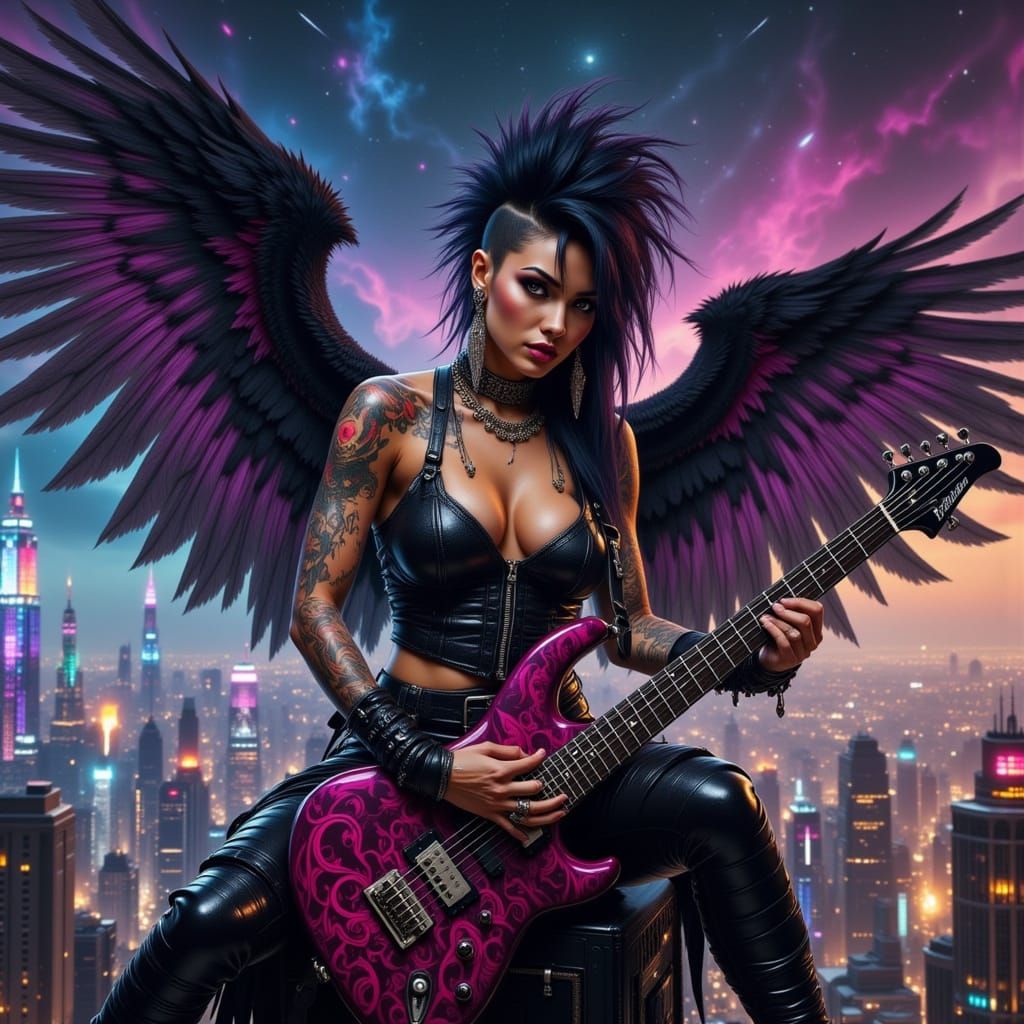 Cyber Angel with Leather Outfit and Tattoos