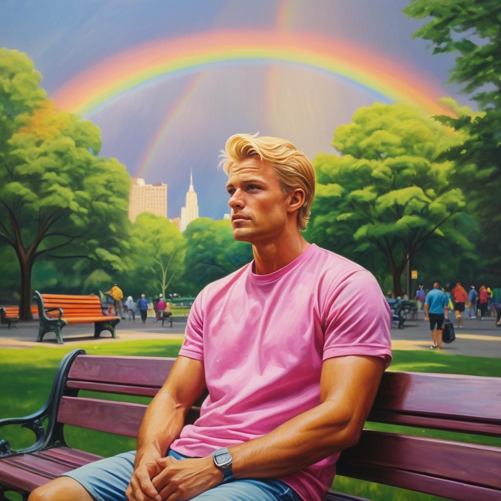 Blond Man in Park with Rainbow: Realistic Oil Painting
