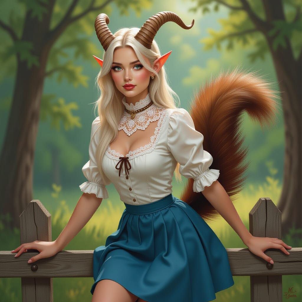 Tiefling Balancing on Wooden Fence in Oil Painting
