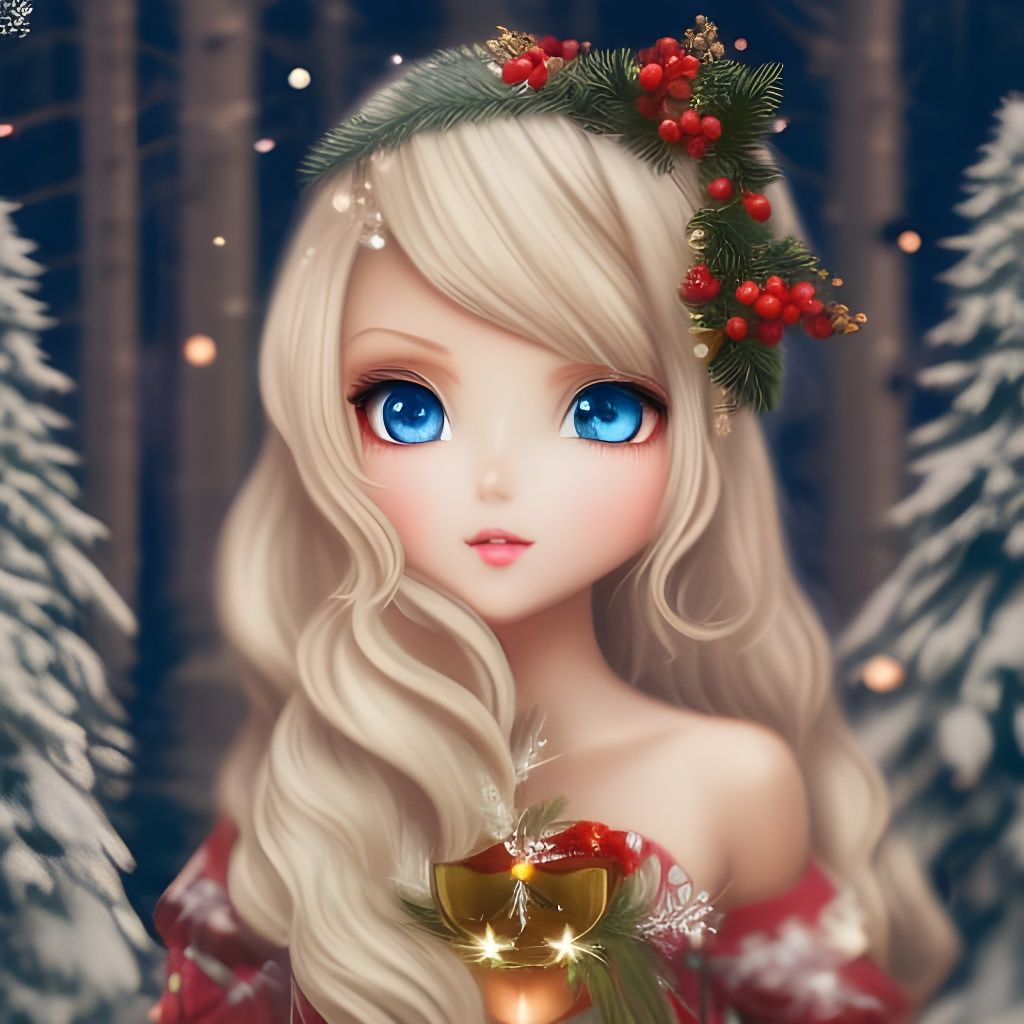 Christmas Anime Girl with Gift in Digital Art Style